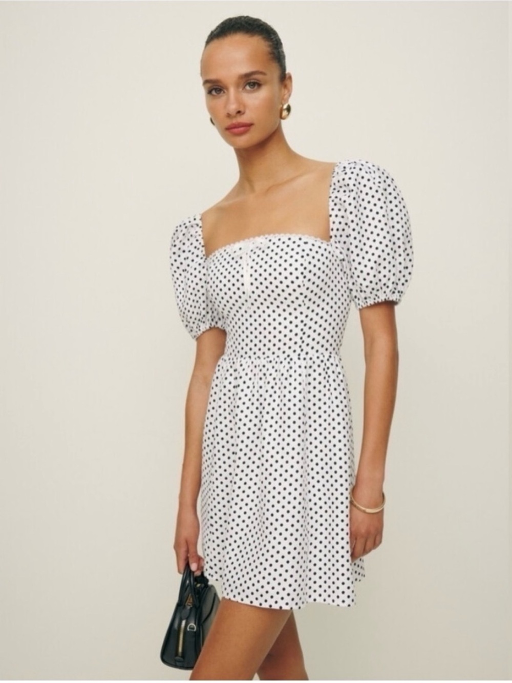Reformation White Mini Dress with Black Polka Dots